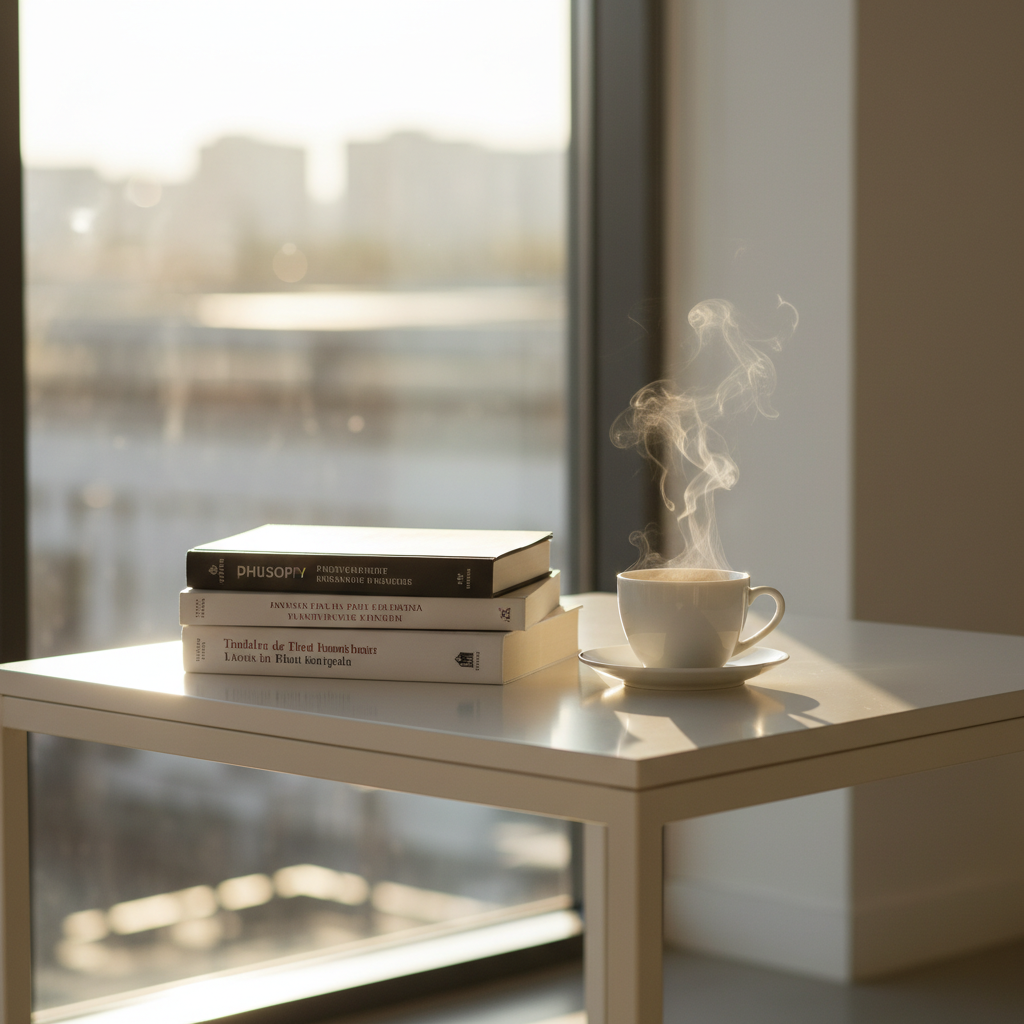 밝은 햇살이 들어오는 창가 근처의 미니멀한 흰색 테이블 위에 놓인 철학 서적과 김이 모락모락 나는 하얀 커피잔.