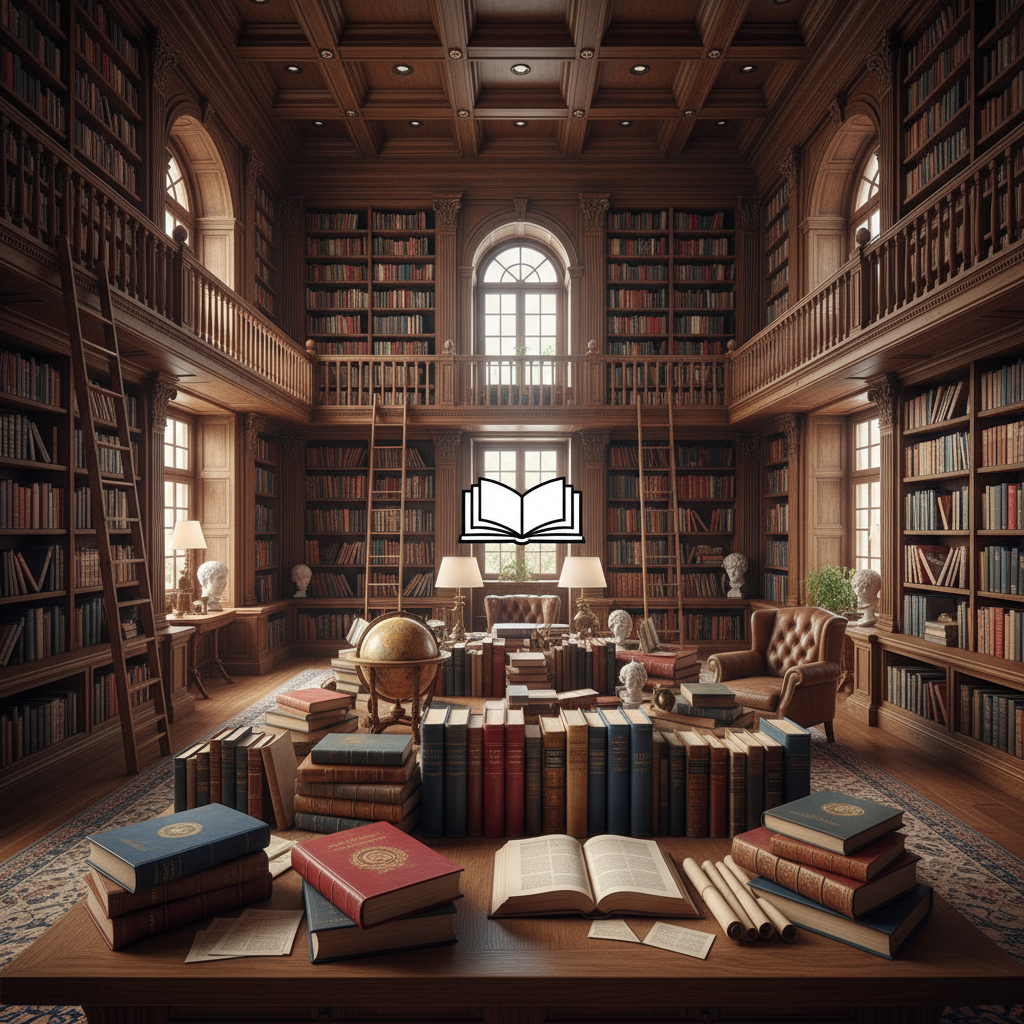 웅장한 도서관의 높은 책장을 배경으로 원목 테이블 위에 쌓여 있는 플라톤과 칸트의 철학 전집들, 지적인 분위기의 서재 풍경.