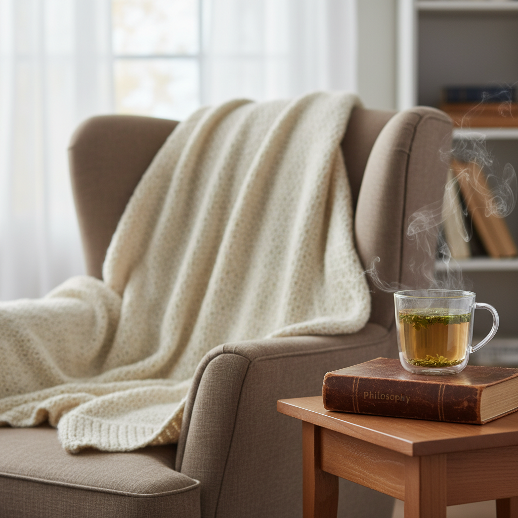 포근한 담요가 덮인 안락의자와 작은 협탁 위에 놓인 두꺼운 철학 서적, 그리고 은은한 향이 느껴지는 허브차 한 잔이 있는 독서 공간.